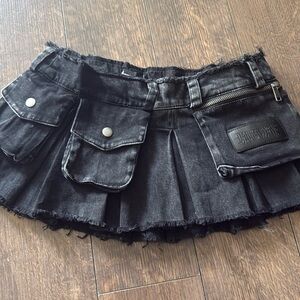 Darker Wavs pleated black denim micro mini skirt